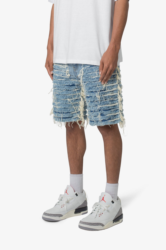 Allover Frayed Denim Shorts - Blue | mnml | shop now