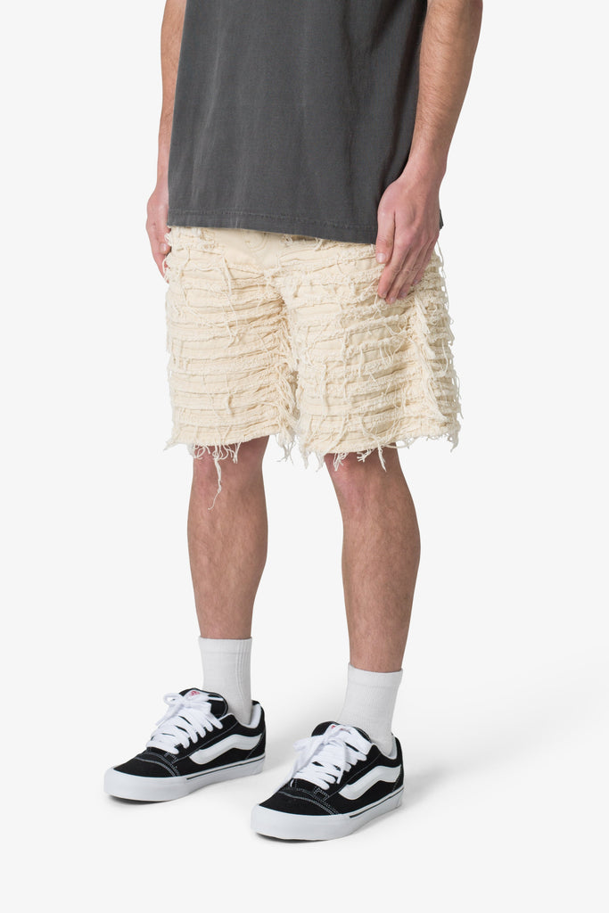 Allover Frayed Denim Shorts - Khaki | mnml | shop now