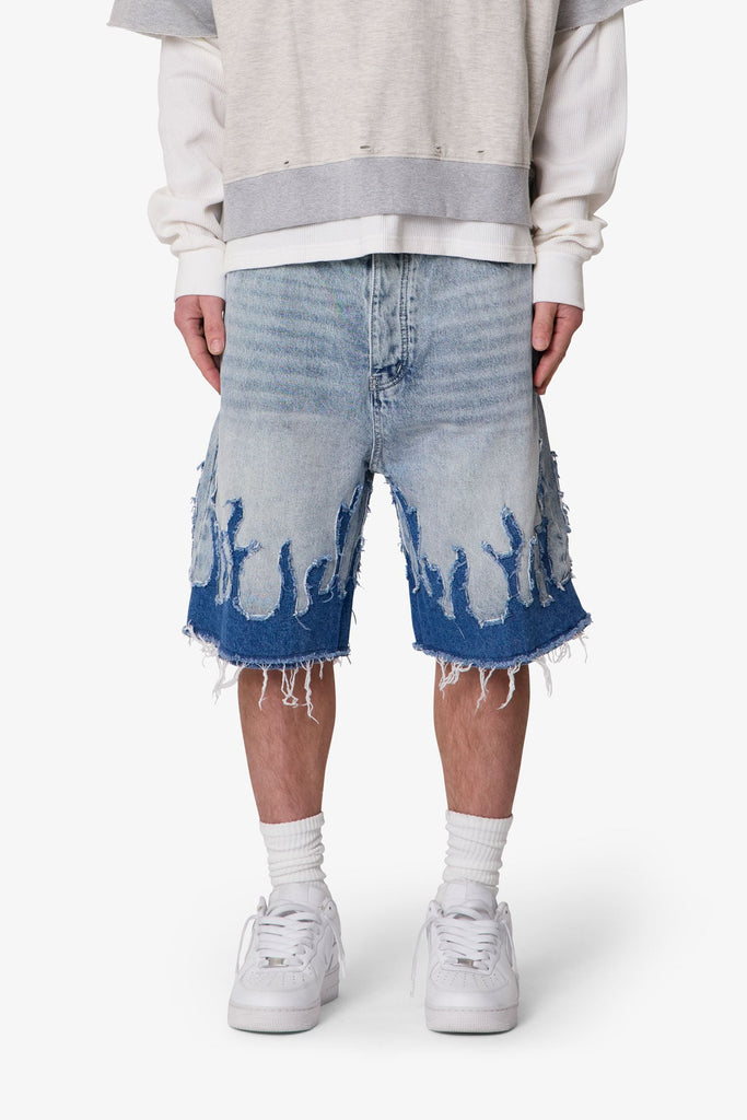 Baggy Flame Denim Shorts - Blue | mnml