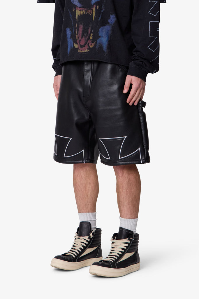 Ultra Baggy Iron Cross Leather Shorts - Black | mnml
