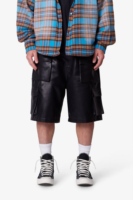 Baggy Leather Cargo Shorts - Black