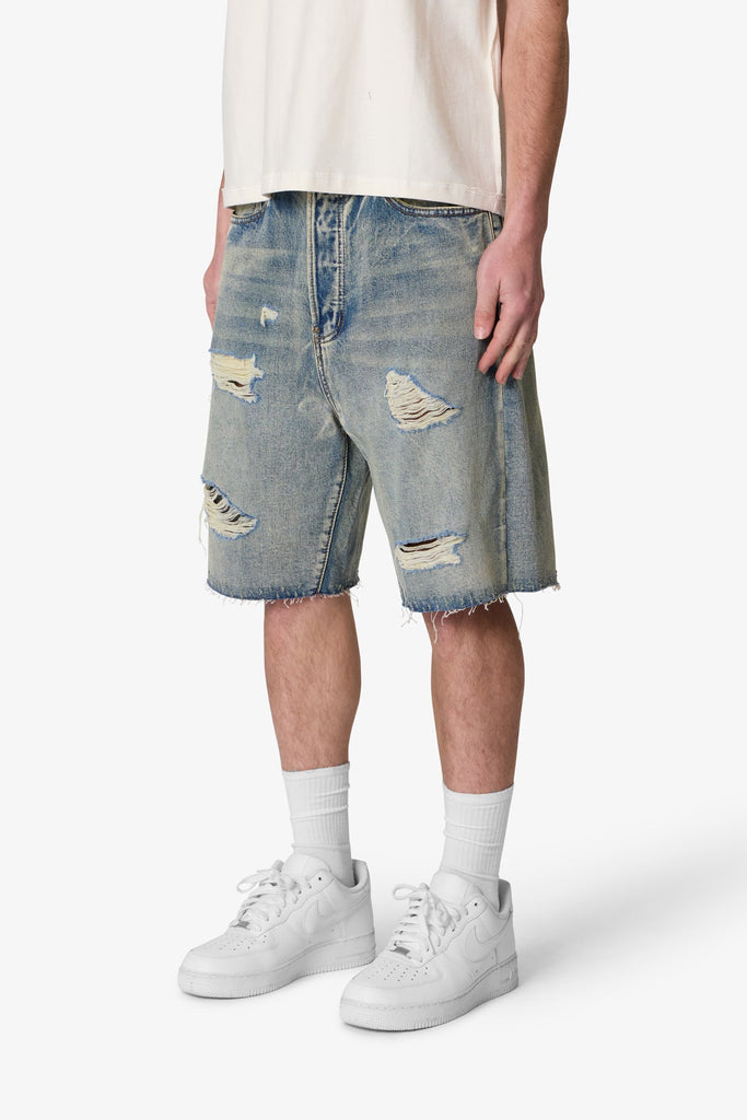 【mnem】24SS★ [mnem] stud damage short pants MNML Studded Denim Shorts Blue | Culture Kings US