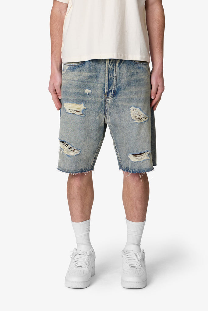 【mnem】Romte Damage Short Pants Distressed Spider Denim Shorts - Light Blue | mnml | shop now
