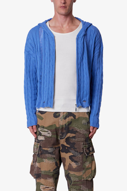 Cable Knit Hooded Sweater - Washed Blue