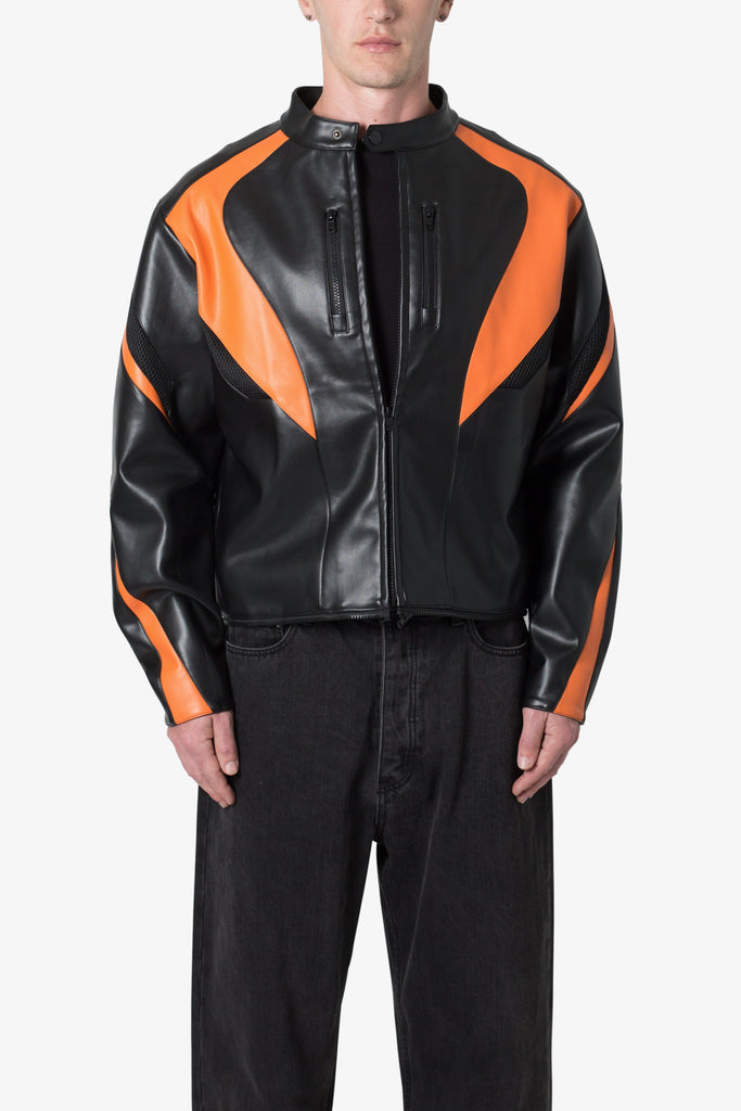 Cropped Leather Race Jacket - Black/Orange