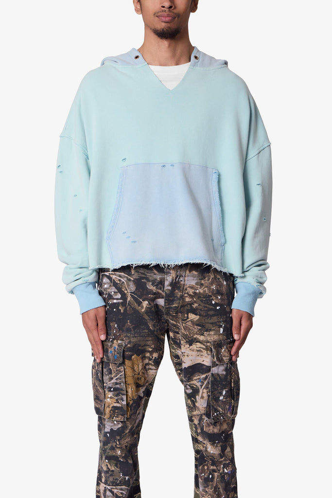 Destroyed V Neck Hoodie Light Blue mnml shop now