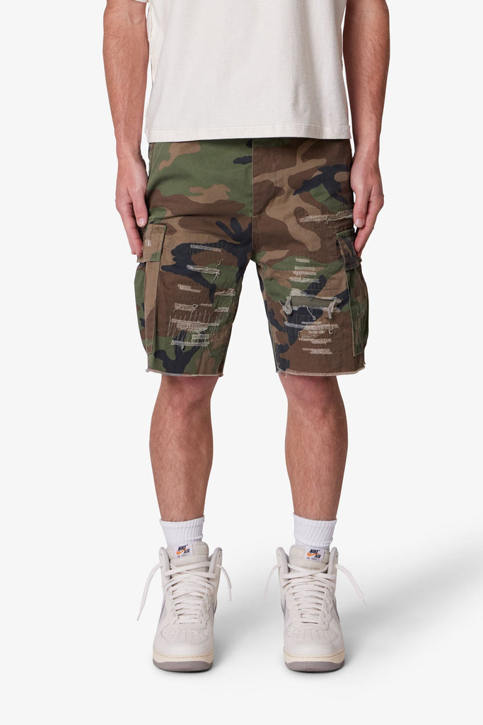 Distressed Cargo Shorts Camo mnml shop now