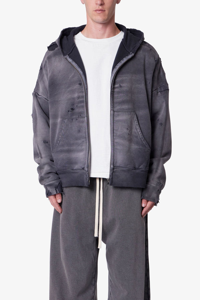 Distressed Thermal Lined Hoodie - Black | mnml
