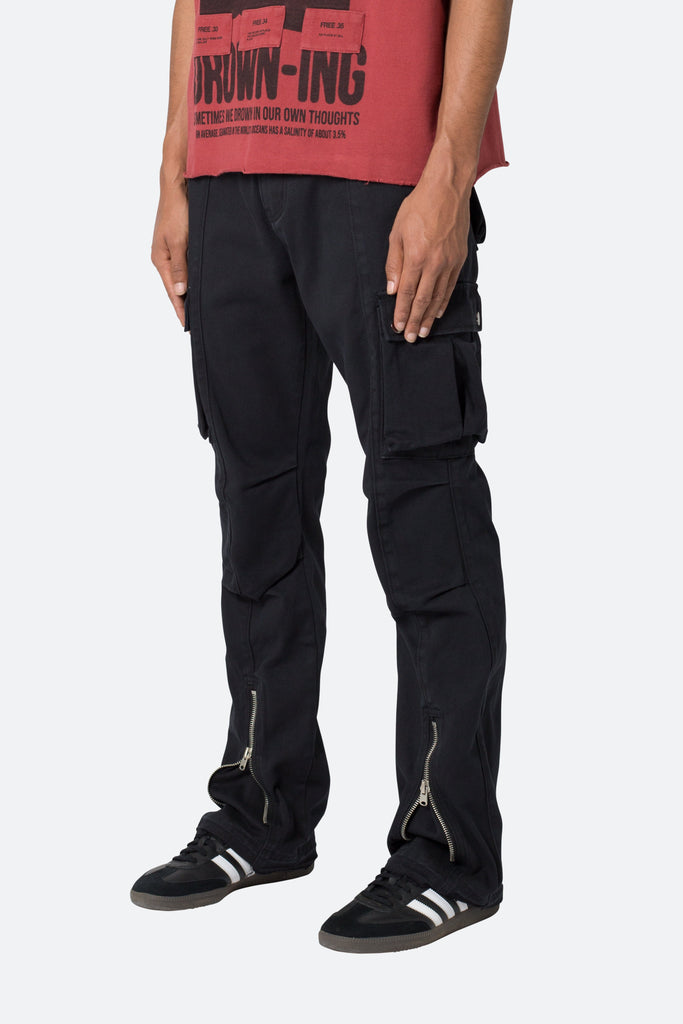Front Zip Flare Cargo Pants - Black, mnml