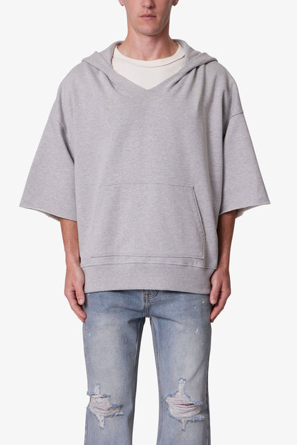Hooded 3/4 Sleeve Rag Sweater - Grey