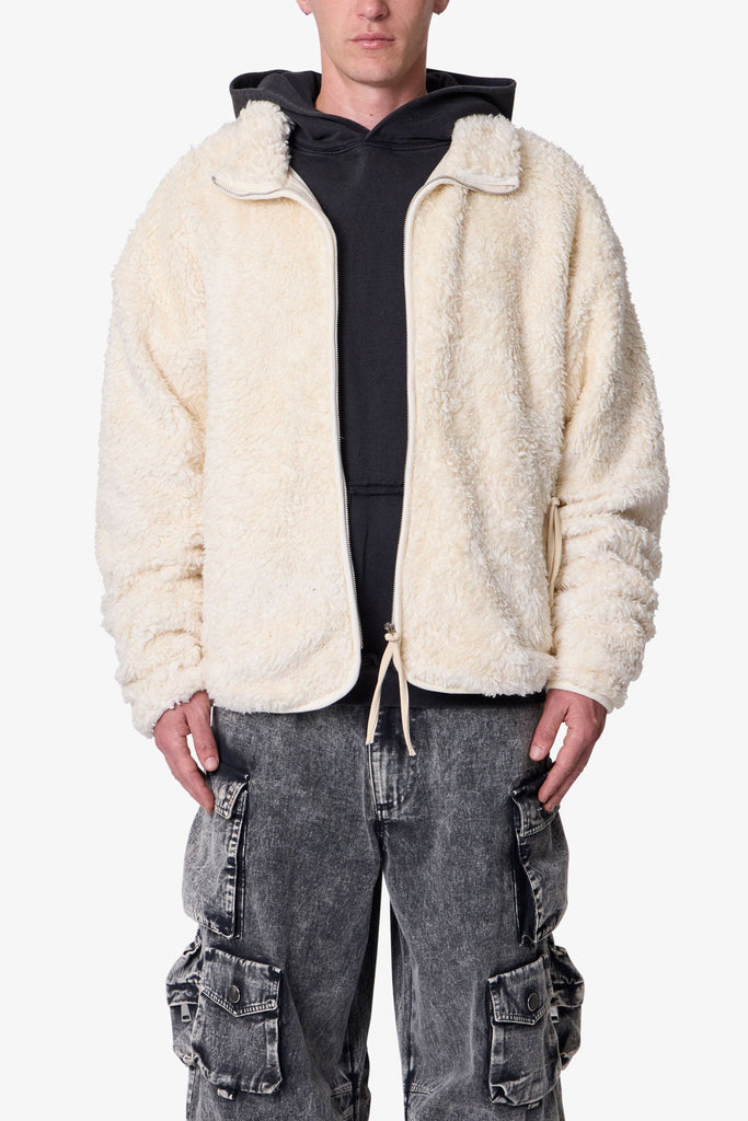 Leather Trim Sherpa Zip Up Jacket - Off White | mnml | shop now