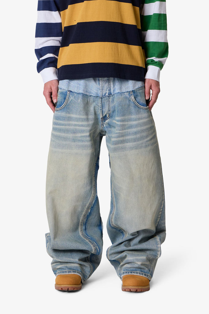 Mega Baggy Layered Denim - Medium Blue | mnml