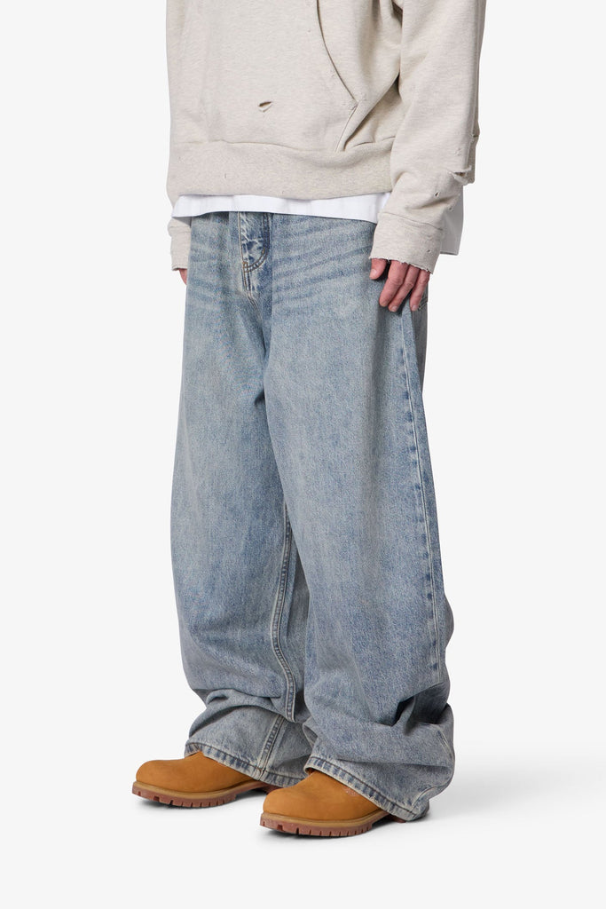 Mega Baggy Waxed Denim - Medium Blue | mnml