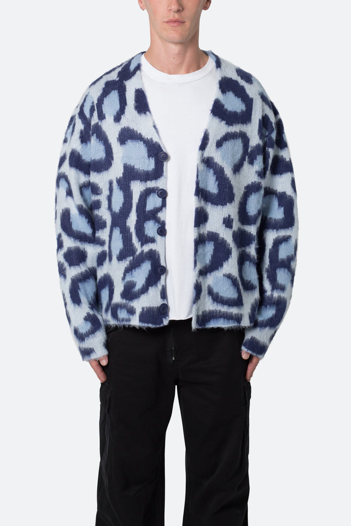 Mohair Leopard Cardigan Sweater - Blue