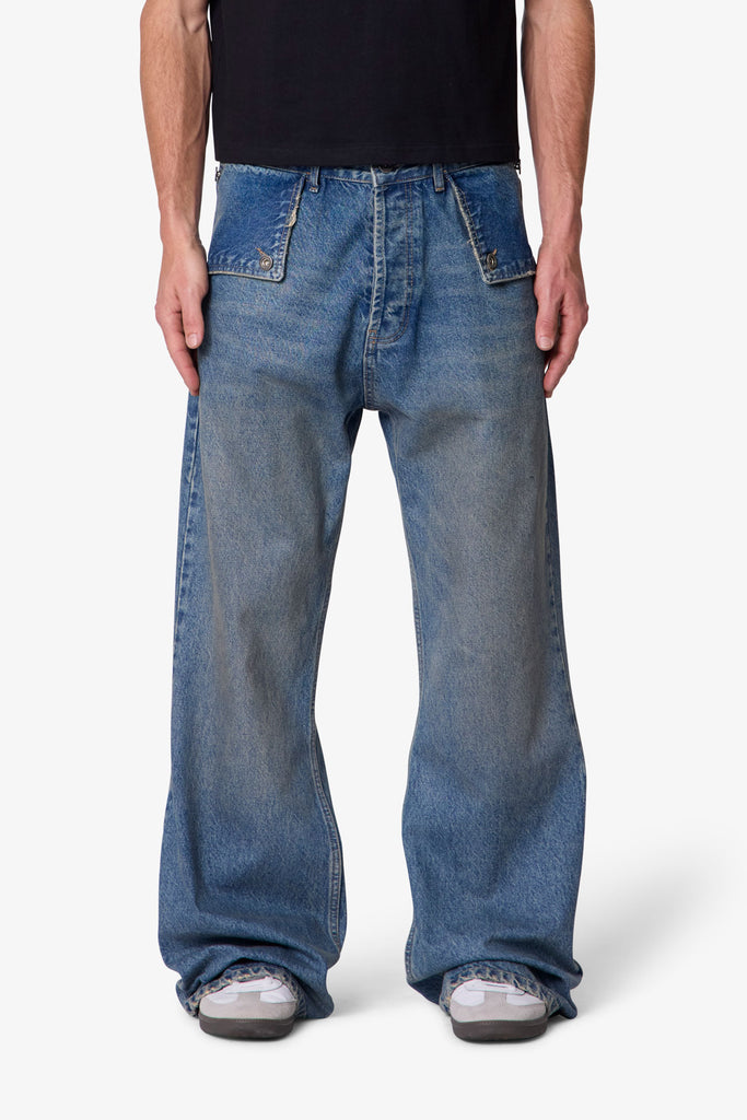 Mule Pocket Kick Flare Denim - Washed Blue | mnml