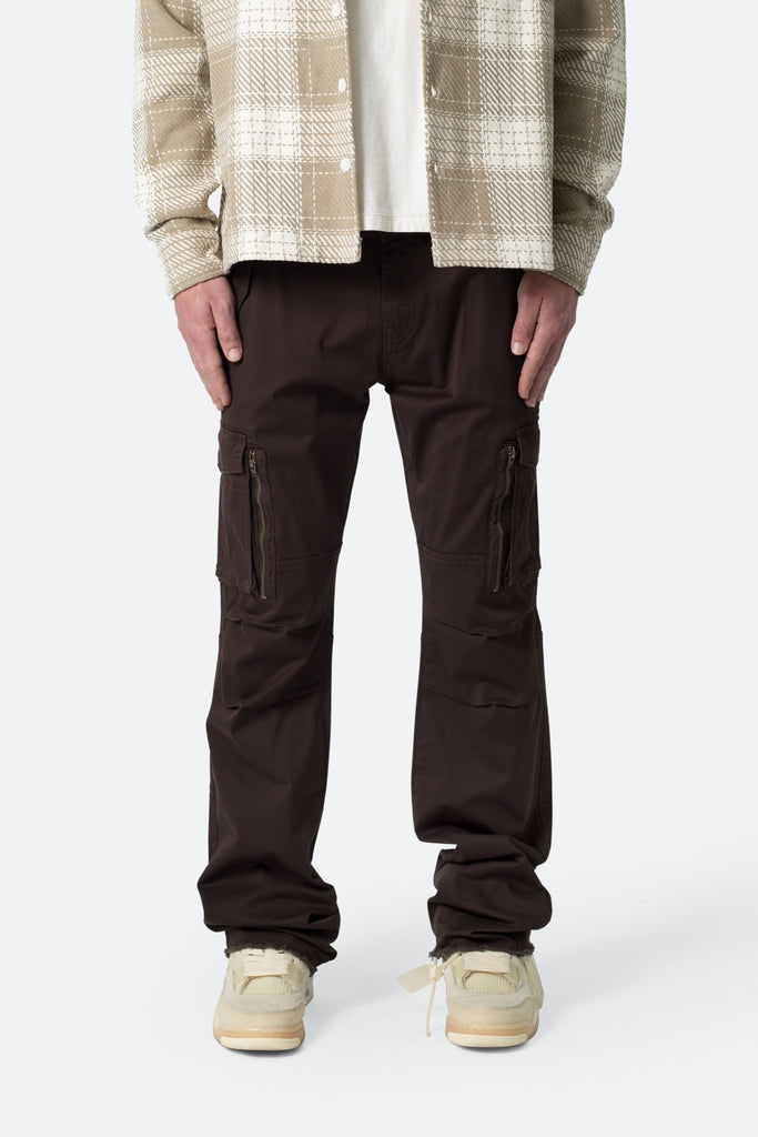 Paneled Zipper Cargo Pants - Brown