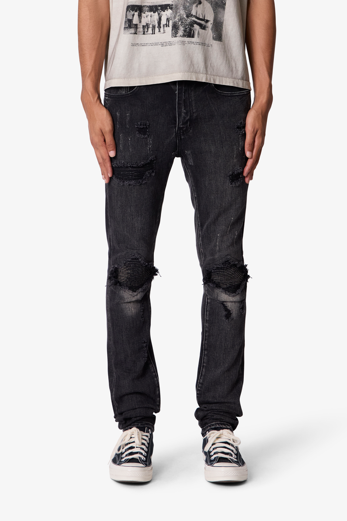 Skinny Distressed Moto Denim - Black | mnml
