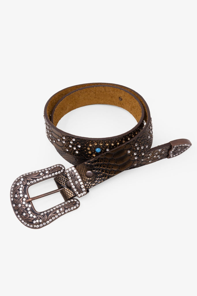 Snake Skin Turquoise Studded Belt - Brown | mnml | shop now