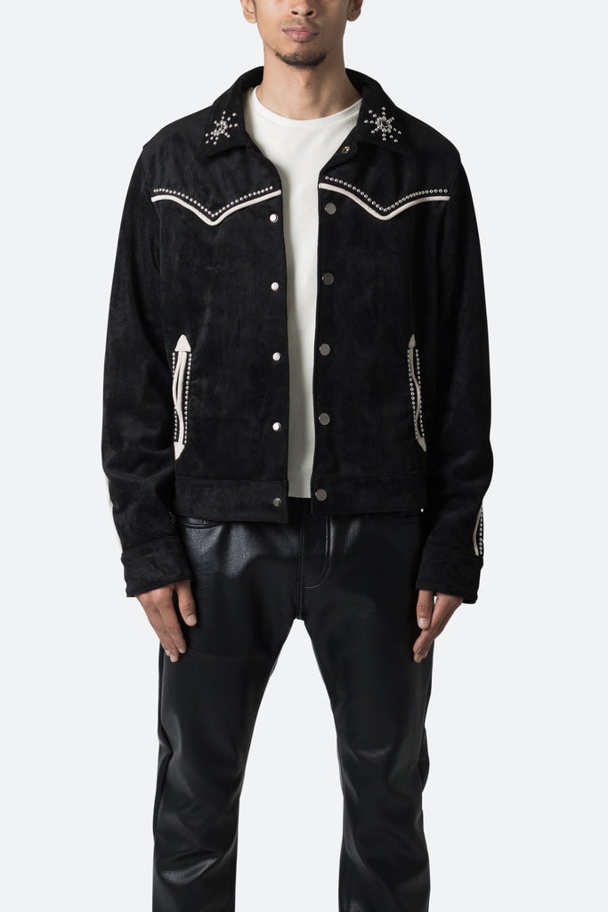 【mnem】Khme suede jacket Suede Collared Jacket - Black | mnml | shop now