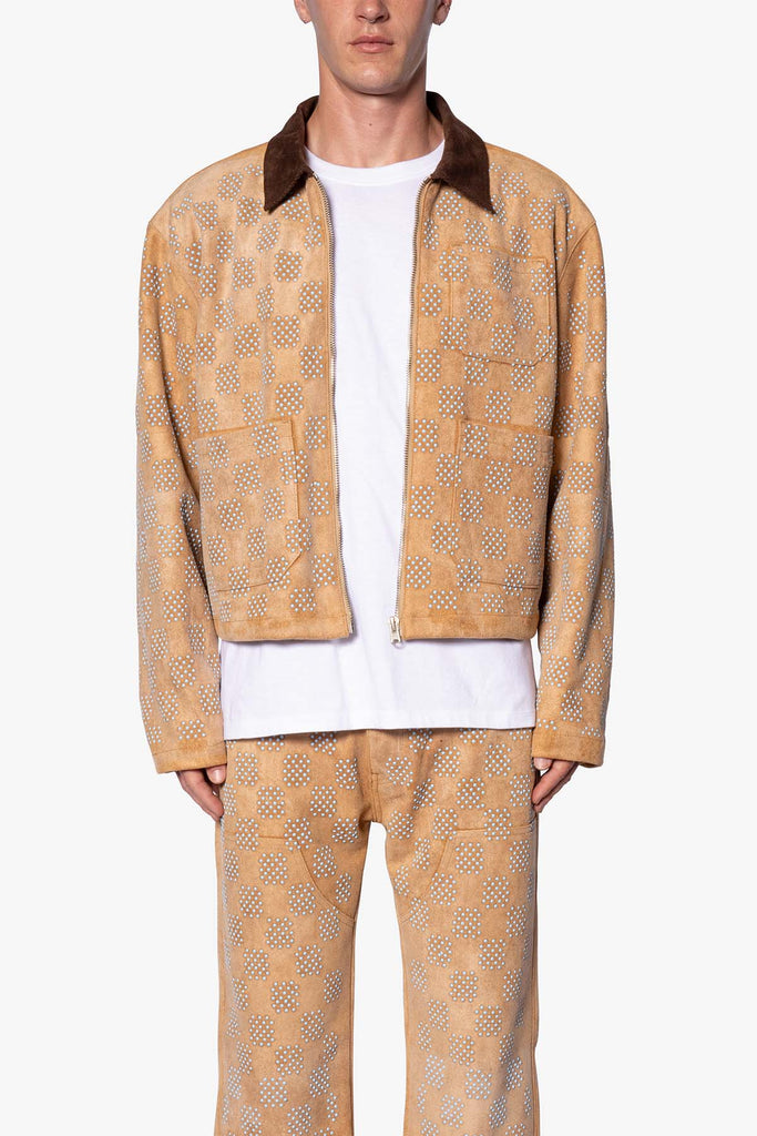 Turquoise Studded Checker Jacket - Tan | mnml | shop now