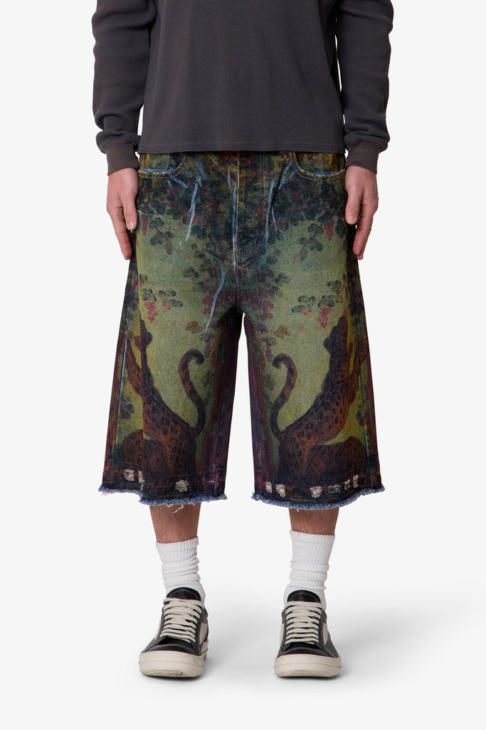 Ultra Baggy Leopard Denim Shorts - Multi | mnml