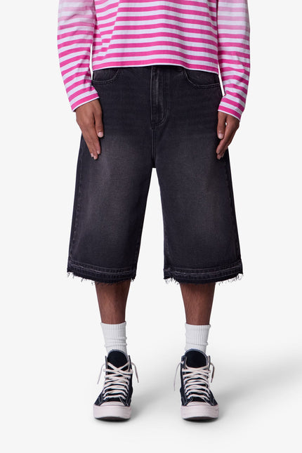 Ultra Baggy Raw Hem Denim Shorts - Washed Black