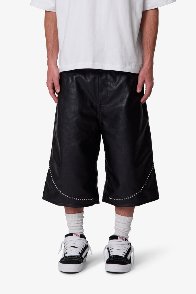 Ultra Baggy Studded Leather Shorts - Black | mnml