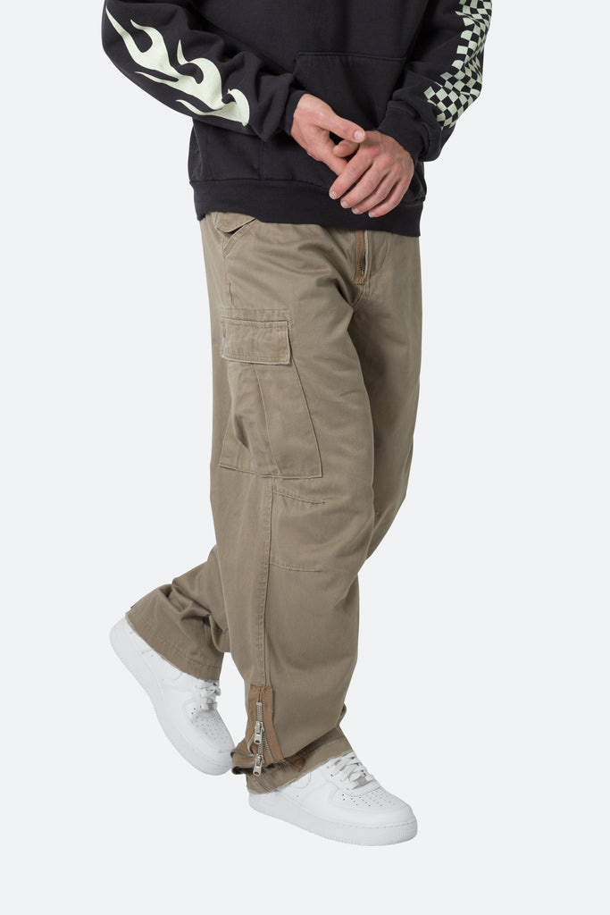 Zipper Denim Cargo Pants - Khaki