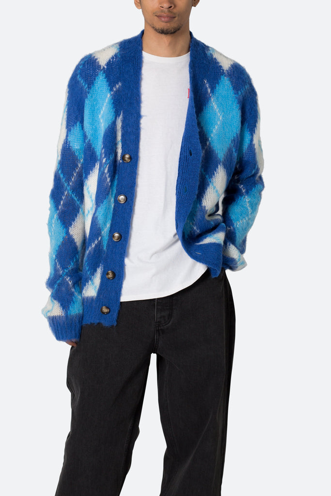 Argyle Cardigan Sweater - Blue/White