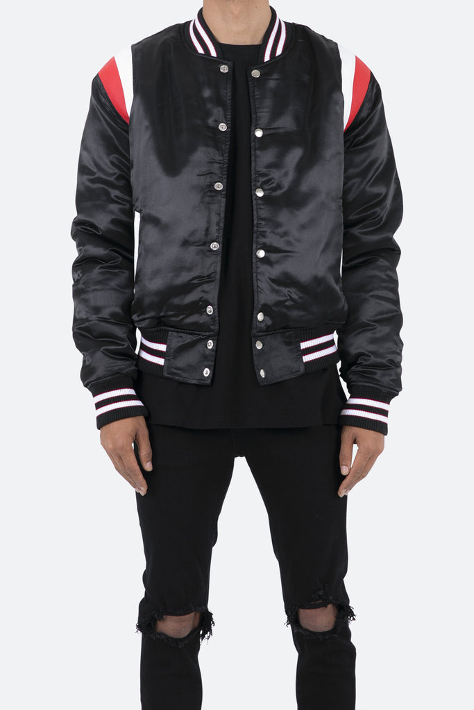 Buy Leather Varsity Black Bomber Red Stripes Jacket