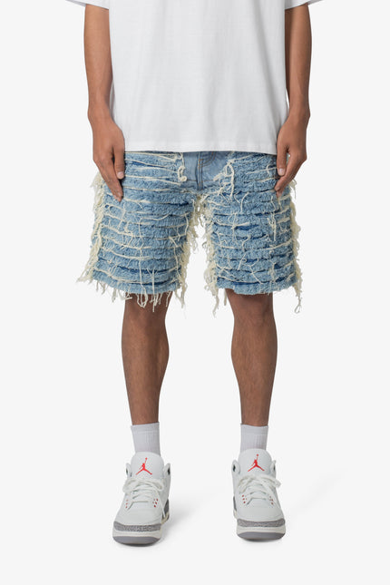 Allover Frayed Denim Shorts - Blue