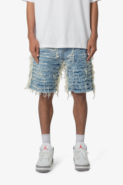 Allover Frayed Denim Shorts - Blue | mnml