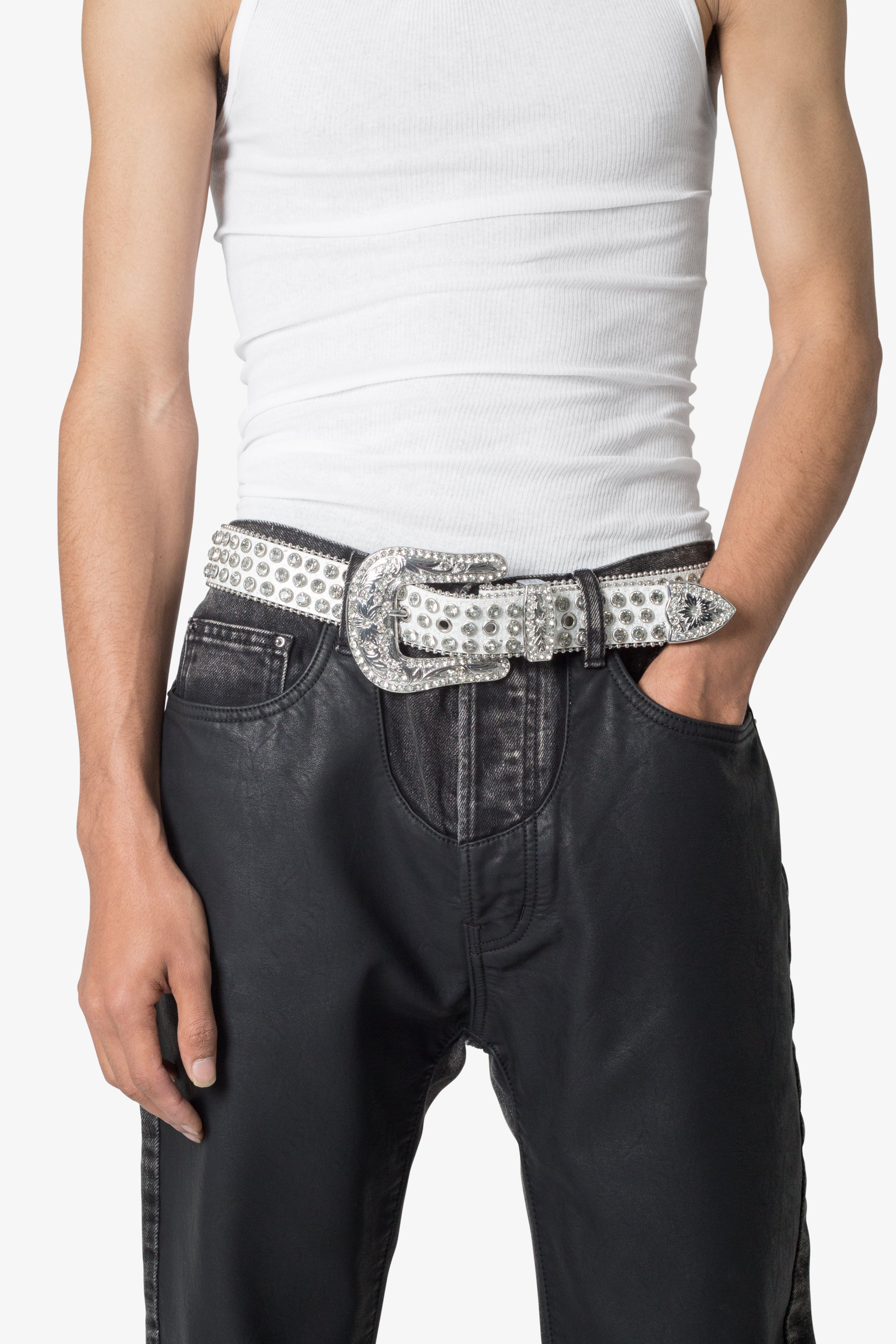 Allover Rhinestone Studded Belt - White | mnml | shop now