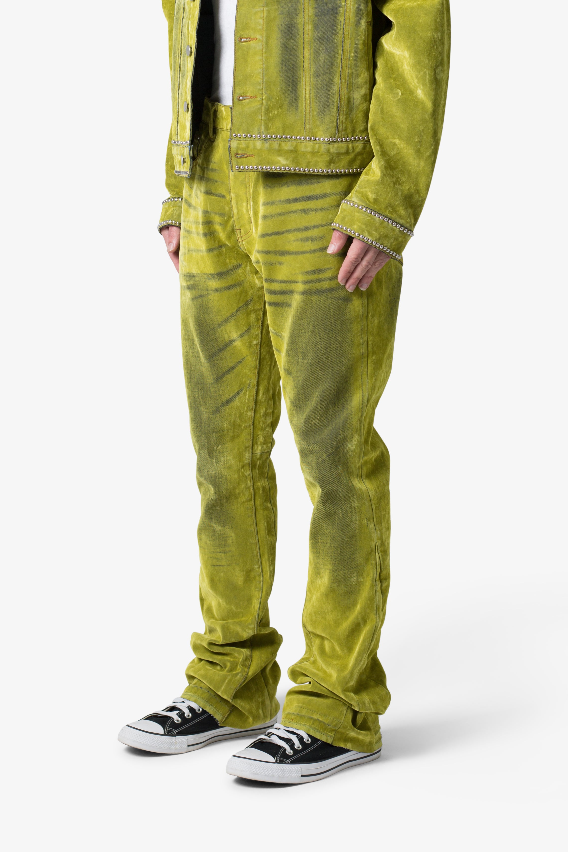 すぐ届く【mnml】2-tone flare denim pants B243-Flare-Denim-