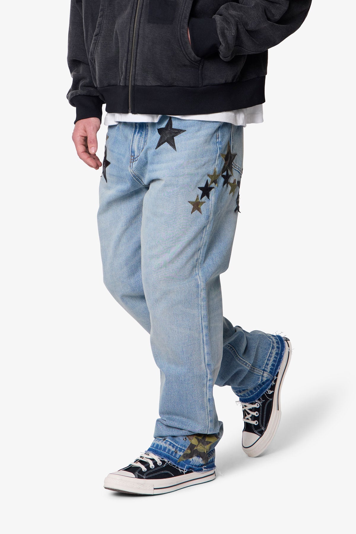 Baggy Camo Star Patch Denim - Medium Blue | mnml