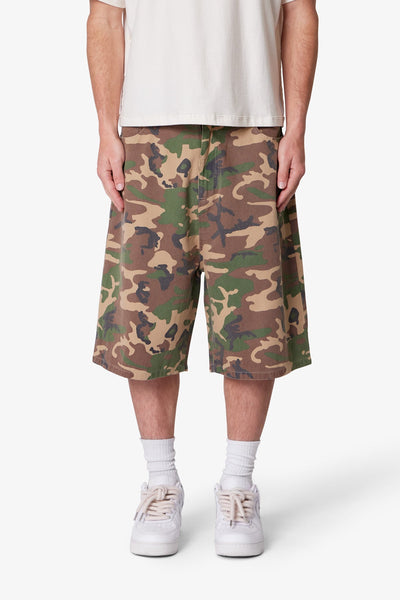 Baggy Camo Twill Shorts - Woodland Camo | mnml | shop now