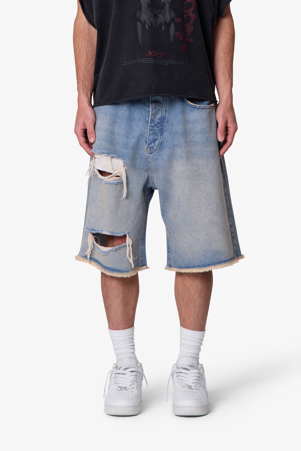 Ultra Baggy Dirty Denim Shorts - Washed Blue | mnml