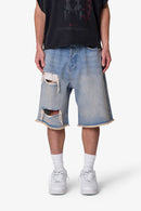Baggy Distressed Denim Shorts - Light Blue