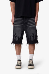 Baggy Flame Denim Shorts - Black