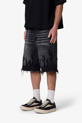 Baggy Flame Denim Shorts - Black
