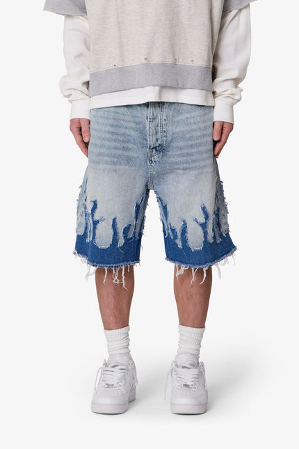 Baggy Flame Denim Shorts - Blue