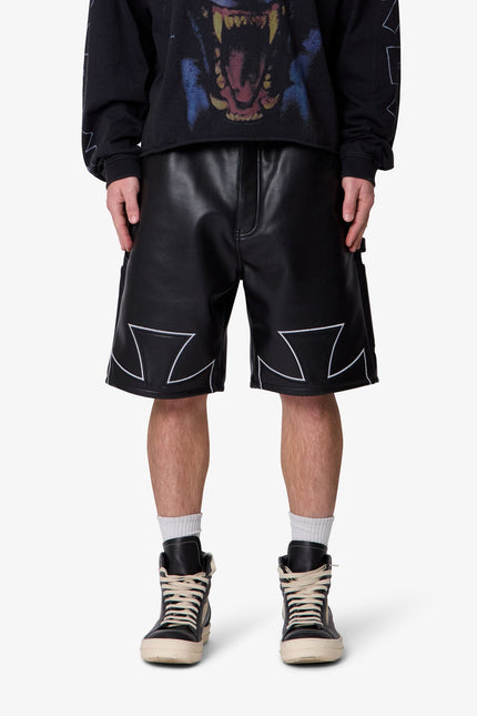 Baggy Iron Cross Leather Shorts - Black