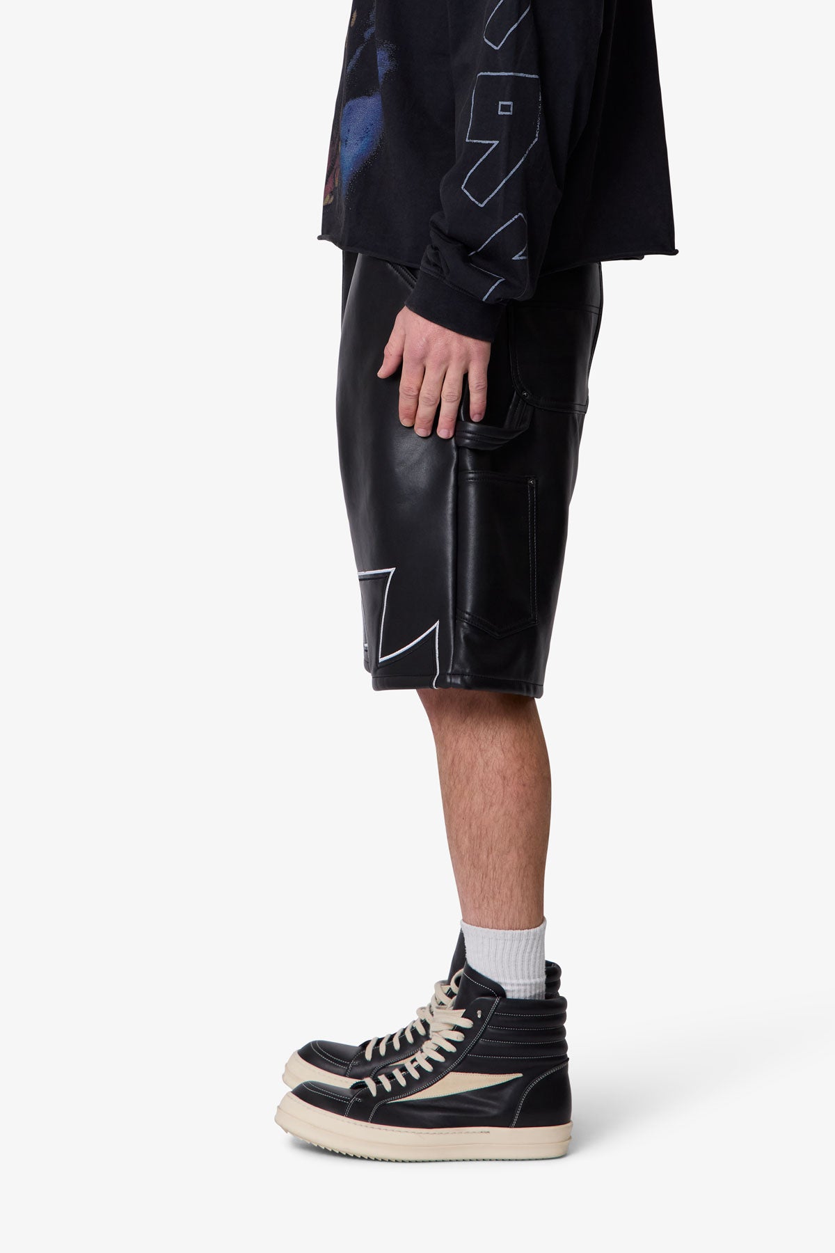 Ultra Baggy Iron Cross Leather Shorts - Black | mnml