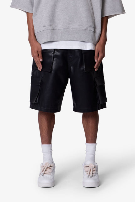 Baggy Leather Cargo Shorts - Black