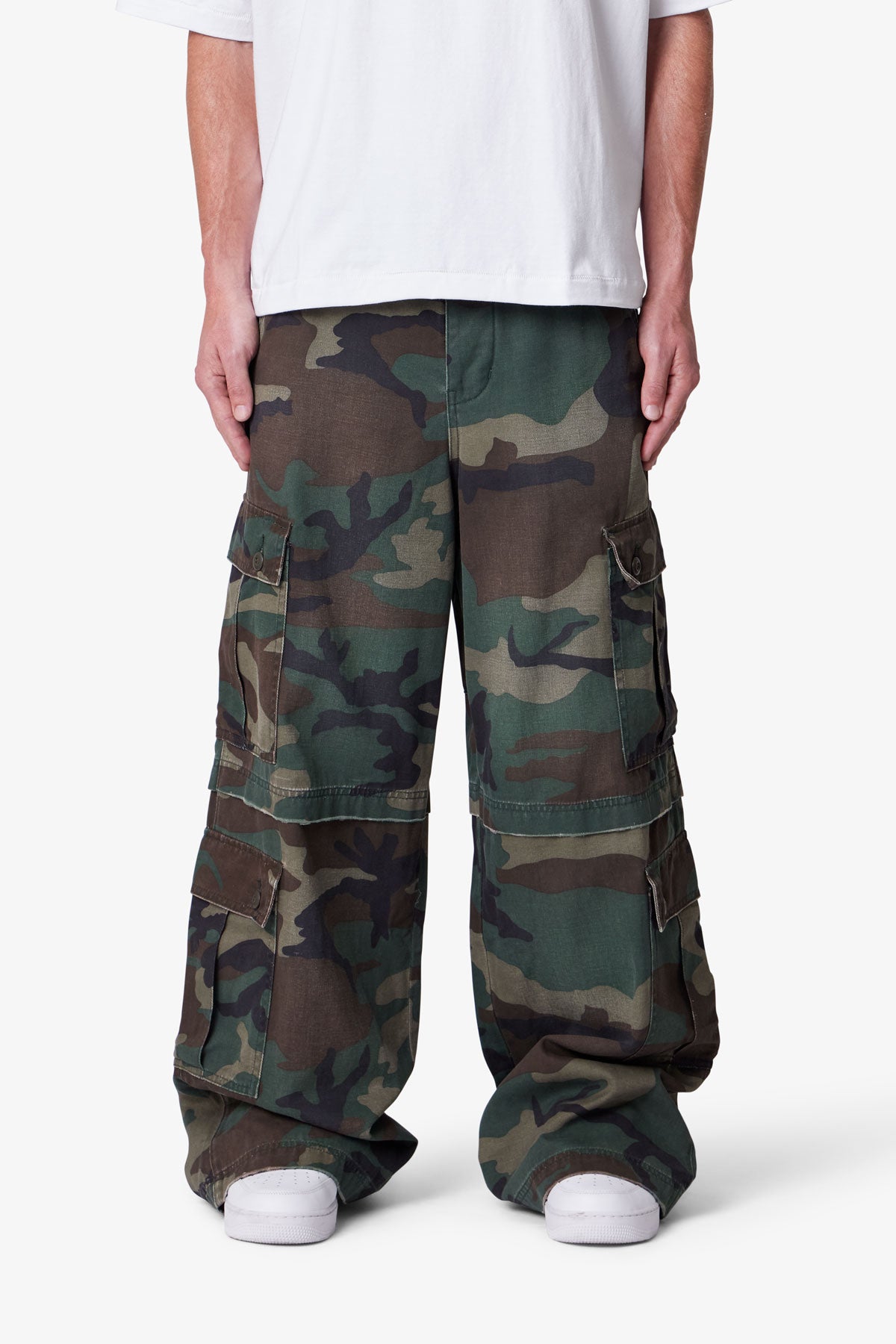 Ultra Baggy Distressed Cargo Pants - Woodland Camo | mnml | shop now