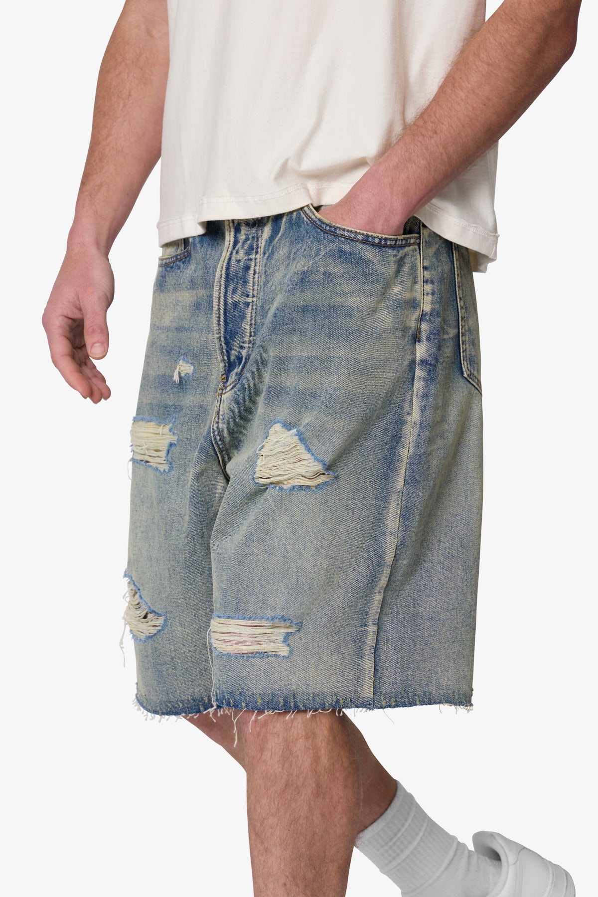 Baggy Ripped Denim Shorts - Vintage Blue | mnml