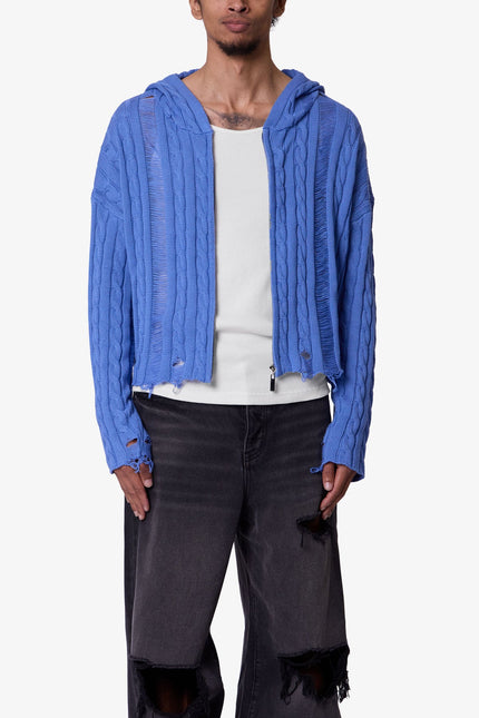 Cable Knit Hooded Sweater - Washed Blue