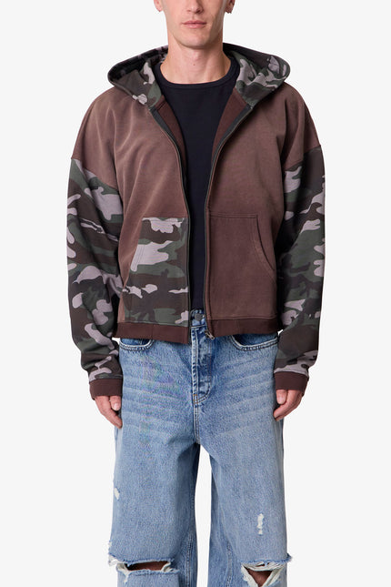Camo Panelled Zip Up Hoodie - Brown