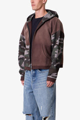 Camo Panelled Zip Up Hoodie - Brown