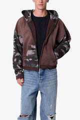 Camo Panelled Zip Up Hoodie - Brown